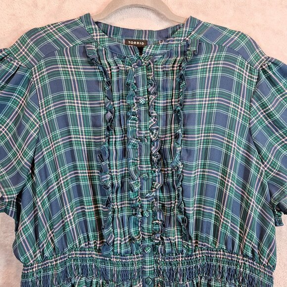 Torrid Womens 2X Plaid Ruffled Button Front Blouse Top Blue Green peplum office - Picture 3 of 11